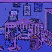 Show’s cover illustration, a desk with a computer, microphone, broadcasting equipment, photos, etc.